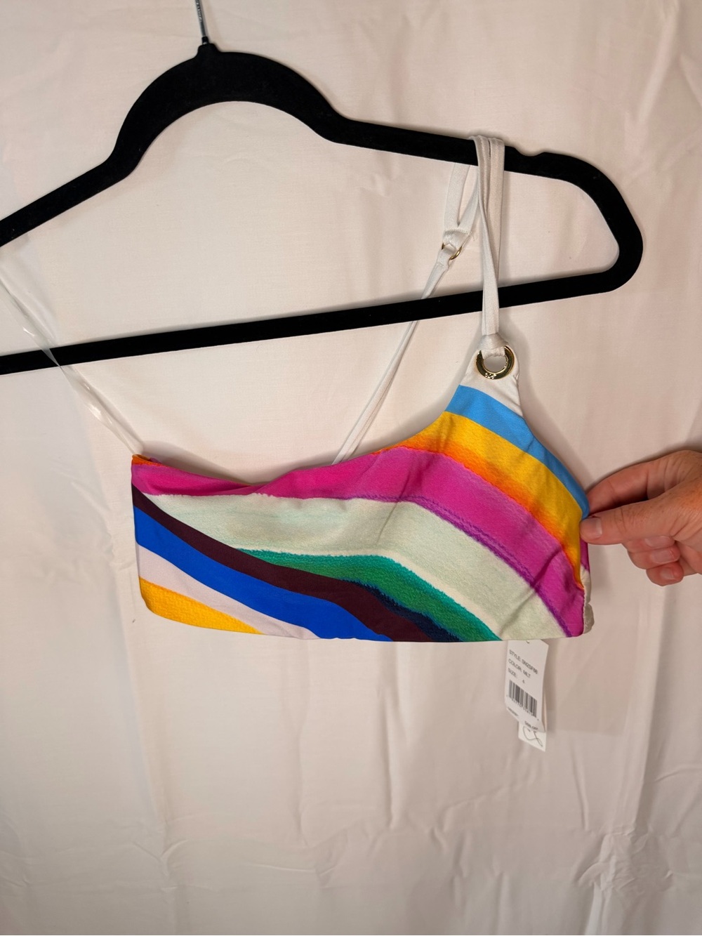 Multicolor Striped One-Shoulder Bikini Top with White Strap